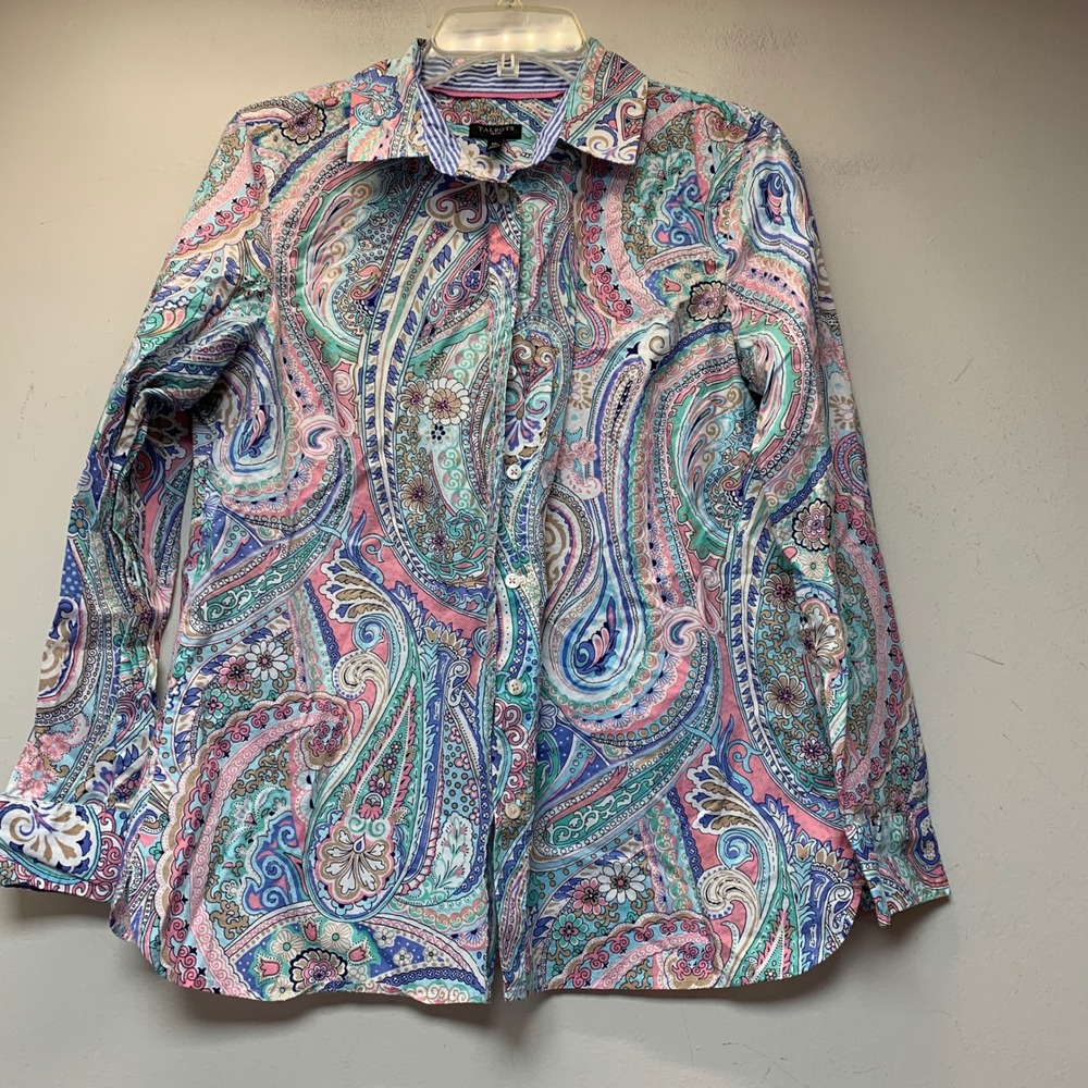 Talbots Paisley Button Down Shirt Womens MP Blue Pink Excellent 100% Cotton